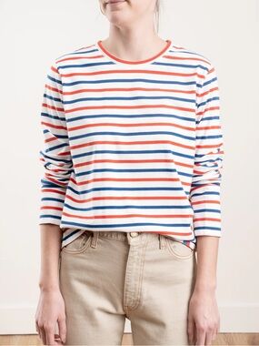 Kule Red White & Blue Stripe 100% Cotton Modern Long Sleeve Tee Top Sz. S